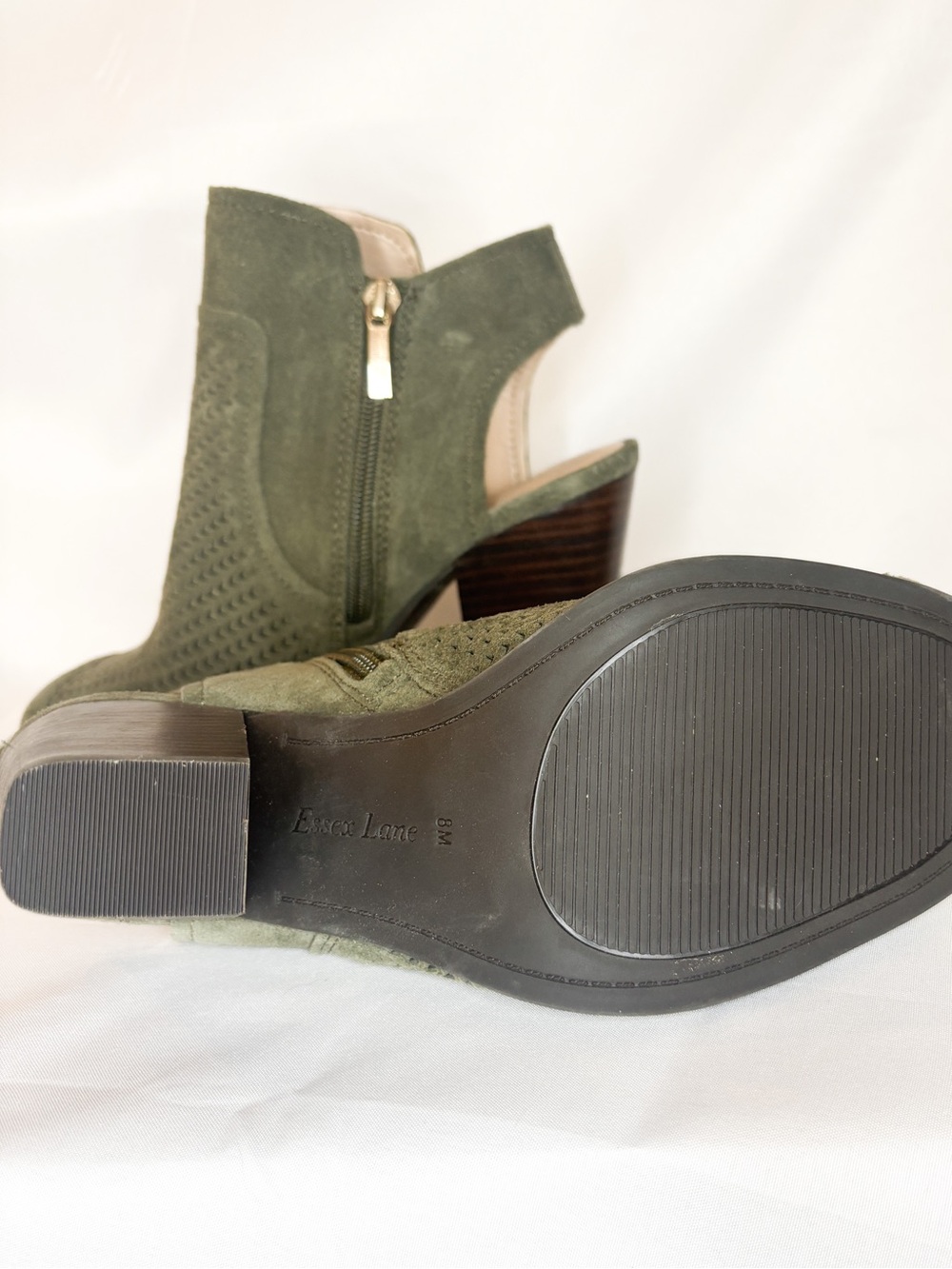 Essex Lane Olive Suede Peep-Toe Block Heel Booties - Picture 4 of 5